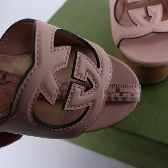 Gucci 37.5 Interlocking GG 110mm Logo Nude Pink Sandals Heels E798 - Picture 7 of 15